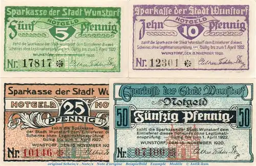 Notgeld Stadt Wunstorf 1458.1.a , Set mit 4 Scheinen in kfr. von 1920 , Niedersachsen Seriennotgeld