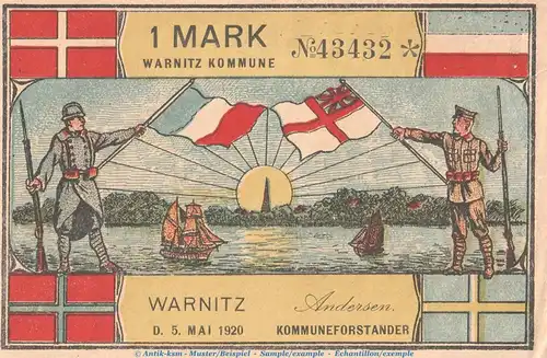 Notgeld Kommune Warnitz 1380.1 , 1 Mark Schein in kfr. von 1920 , Schleswig Holstein Seriennotgeld