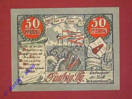 Notgeld Westerland , Einzelschein über 50 Pfennig , Seriennotgeld , Schleswig Holstein , Mehl Grabowski 1418.1 a , von 1920