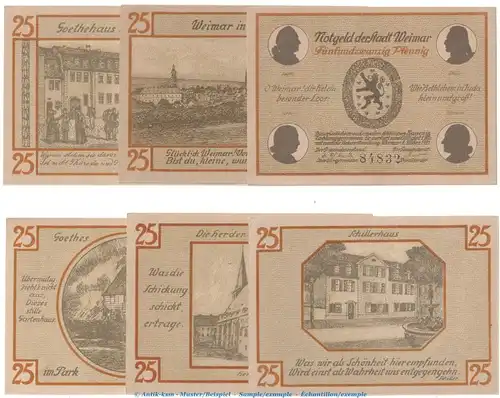 Notgeld Stadt Weimar 1398.3 , Set mit 6 Scheinen --o.Drfa.-- in kfr. von 1921 , Thüringen Seriennotgeld