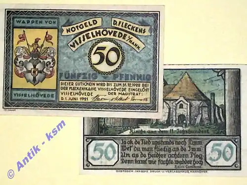 Notgeld Visselhövede , vollständiger Satz mit 2 Scheinen , Seriennotgeld , Niedersachsen , Mehl Grabowski 1363.2 b , von 1921