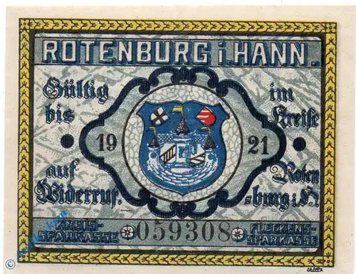 Notgeld Rotenburg  , 25 Pfennig Schein , Mehl Grabowski 1139.1 a , von 1921 , Niedersachsen Seriennotgeld