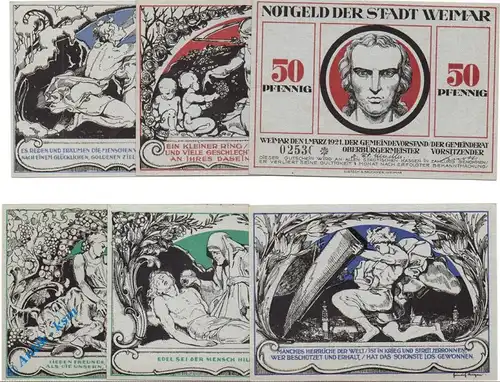 Notgeld Weimar , Goethe und Schiller , Set mit 6 Scheinen , Mehl Grabowski 1398.4 a , von 1921 , Thüringen Seriennotgeld