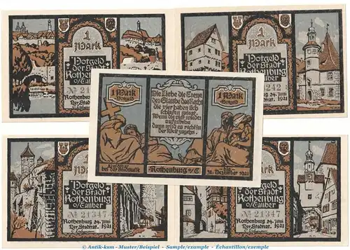 Notgeld Stadt Rothenburg 1142.5 , Set -graublau- mit 5 Scheinen in kfr.  von 1921 , Bayern Seriennotgeld