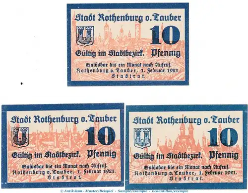 Notgeld Stadt Rothenburg 1142.1 , Set mit 3 Scheinen in kfr. von 1921 , Bayern Seriennotgeld