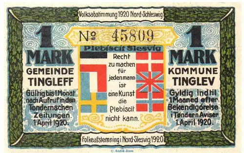 Notgeld Gemeinde Tingleff 1325.1.a , 1 Mark Schein in kfr. von 1920 , Dänisch Nordschleswig Seriennotgeld