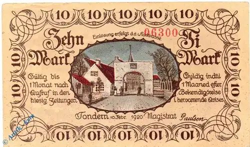 Notgeld Tondern , 10 Mark Schein mit Kn , Mehl Grabowski 1329.1 i , von 1920 , dänisch Nordschleswig Serien Notgeld