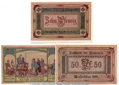 Notgeld Gemeinde Wasserleben 1383.1-2 , Set mit 3 Scheinen in kfr. Sachsen Anhalt Seriennotgeld