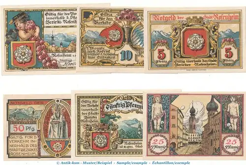 Notgeld Stadt Rosenheim 1134.1 , 1. Ausgabe Set mit 6 Scheinen in kfr. von 1921 , Bayern Seriennotgeld