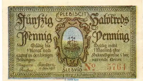 Notgeld Stadt Tondern 1329.2.a , 50 Pfennig Schein mit Druckfirma in kfr. von 1920 , dänisch Nordschleswig Seriennotgeld