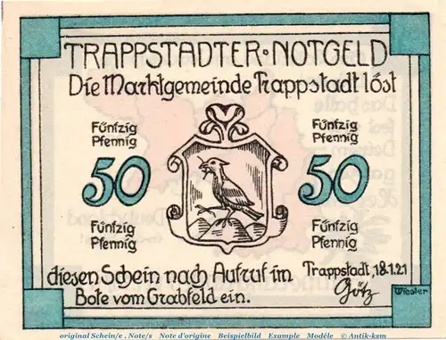 Notgeld Marktgemeinde Trappstadt 1335.2.b , 50 Pfennig ohne Druckfirma , von 1921 , Bayern Seriennotgeld