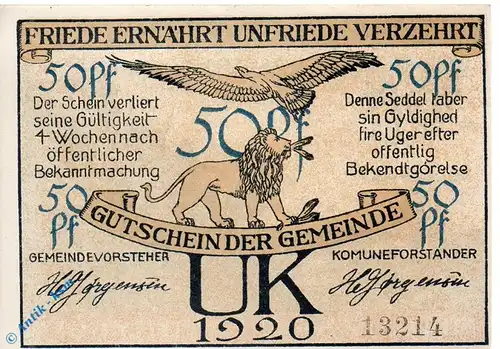 Notgeld Uk , Uge , 50 Pfennig Schein in kfr. Mehl Grabowski 1353.1 , von 1920 , dänisch Nordschleswig Seriennotgeld