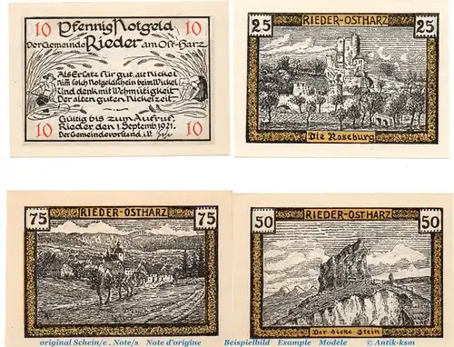 Notgeld Gemneinde Rieder 1122.1.b , Set mit 4 Scheinen in kfr. matt , von 1921 , Sachsen Anhalt Seriennotgeld