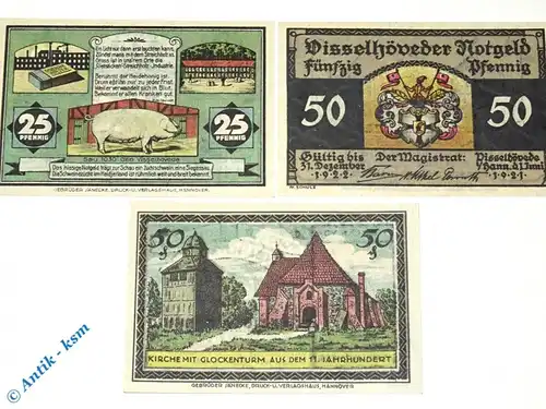 Notgeld Visselhövede , Set mit 3 Scheinen , Mehl Grabowski 1363.1 und 2 b , von 1921 , Niedersachsen Seriennotgeld