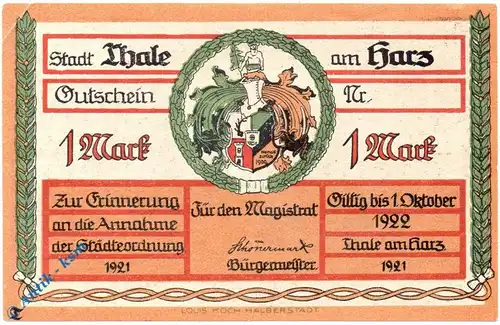Notgeld Thale , 1 Mark Schein Ohne Kennummer , Mehl Grabowski 1320.14 B , von 1921 , Sachsen Anhalt Serien Notgeld