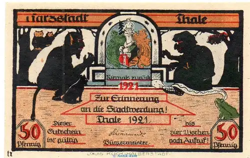 Notgeld Stadt Thale 1320.13.c , 50 Pfennig Ohne Rotdruck in kfr. von 1921 , Sachsen Anhalt Seriennotgeld