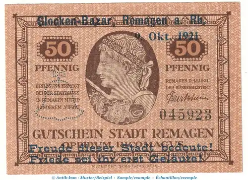 Notgeld Glocken Bazar Remagen 1114.1 , 50 Pfennig Schein in kfr. von 1921 , Rheinland Seriennotgeld