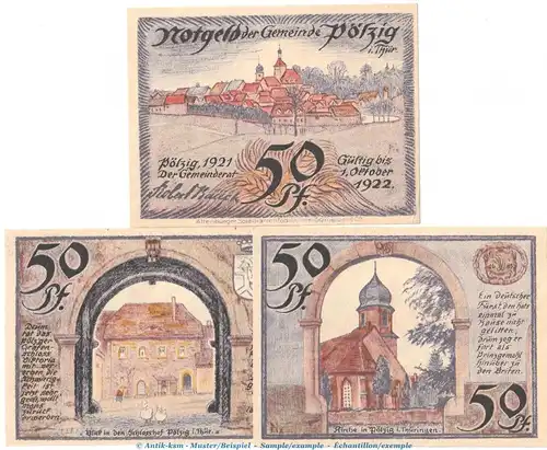 Notgeld Gemeinde Pölzig 1065.1 , Set mit 3 Scheinen in kfr. von 1921 , Thüringen Seriennotgeld