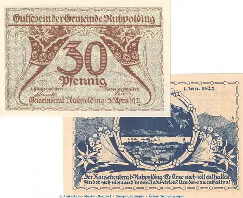 Notgeld Gemeinde Ruhpolding 1154.1 , Set mit 2 Scheinen in kfr. von 1921 , Bayern Seriennotgeld