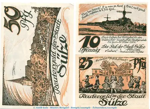 Notgeld Stadt Sülze 1299.1 , Reutergeld Set mit 3 Scheinen in kfr. o.D. Mecklenburg Vorpommern Seriennotgeld