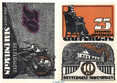 Notgeld Stadt Stavenhagen 1257.2 , Reutergeld Set mit 3 Scheinen in kfr. o.D. Mecklemburg Vorpommern Seriennotgeld