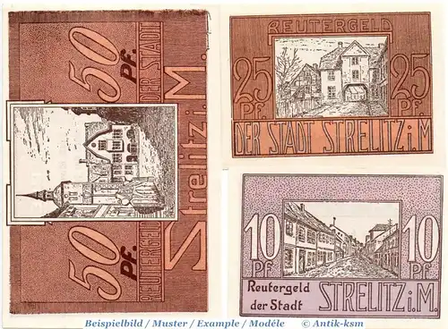 Notgeld Strelitz , Reutergeld Set mit 3 Scheinen in kfr. Mehl Grabowski 1283.1 , o.D.  Mecklenburg Vorpommern Seriennotgeld