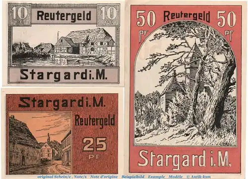 Notgeld Stadt Stargard 1253.1 , Reutergeld Set mit 3 Scheinen in kfr. o.D. Mecklenburg Vorpommern Seriennotgeld