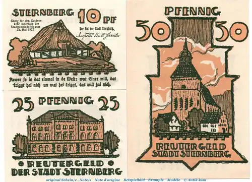 Notgeld Stadt Sternberg 1268.1 , Reutergeld Set mit 3 Scheinen in kfr. o.D. Mecklenburg Vorpommern Seriennotgeld