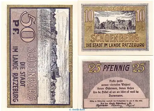 Notgeld Stadt Schönberg 1195.2 , Reutergeld Set mit 3 Scheinen in kfr. o.D. Mecklenburg Vorpommern Seriennotgeld