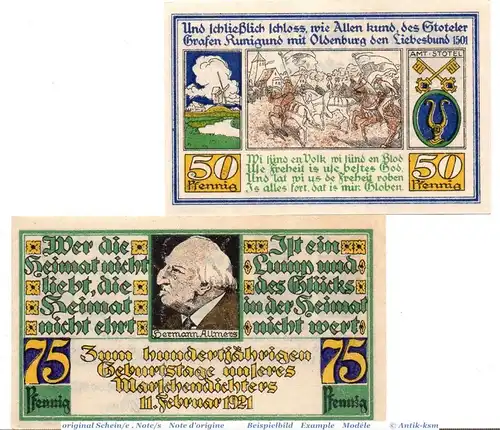 Notgeld Stotel , Set mit 2 Scheinen in kfr. Mehl Grabowski 1278.2 , von 1921 , Niedersachsen Seriennotgeld
