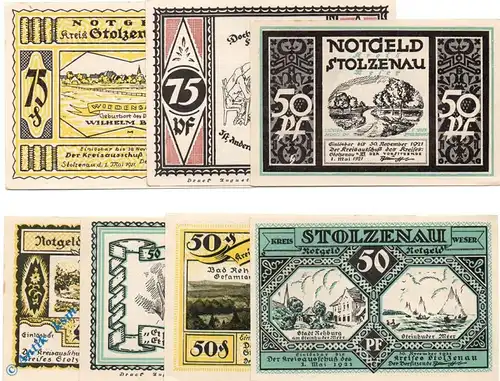 Notgeld Stolzenau , Set mit 7 Scheinen in kfr. Mehl Grabowski 1276.2 , von 1921 , Niedersachsen Seriennotgeld