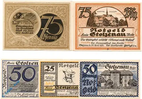 Notgeld Stolzenau , Set mit 5 Scheinen in kfr. Mehl Grabowski 1276.1 , von 1921 , Niedersachsen Seriennotgeld