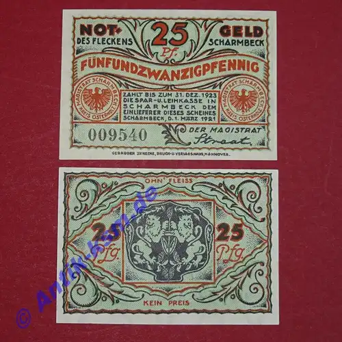 Notgeld Stadt Scharmbeck , Osterholz-Scharmbeck , Niedersachsen , vollständiger Satz mit 1 Schein in kassenfrischer Erhaltung , Seriennotgeld , 1173.3 , von 1921