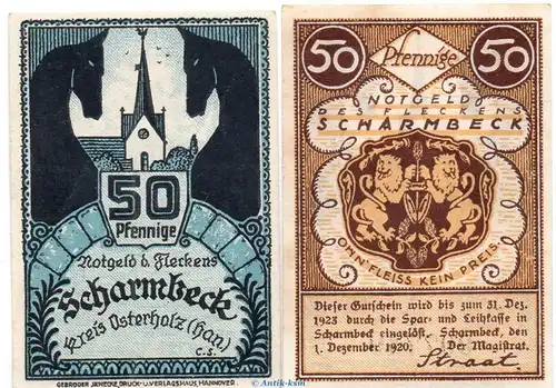 Notgeld Stadt Scharmbeck 1173.1 , Set mit 2 Scheinen in kfr von 1920 , Niedersachsen Seriennotgeld