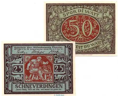 Notgeld Stadt Schneverdingen 1193.2 , Set mit 2 Scheinen in kfr. von 1921 , Niedersachsen Seriennotgeld