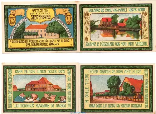 Notgeld Flecken Siedenburg 1223.1 , Set mit 4 Scheinen in kfr. o.D. , Niedersachsen Seriennotgeld