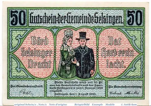 Notgeld Selsingen , 50 Pfennig Schein grün in kfr. Mehl Grabowski 1220.1 , von 1920 , Niedersachsen Seriennotgeld