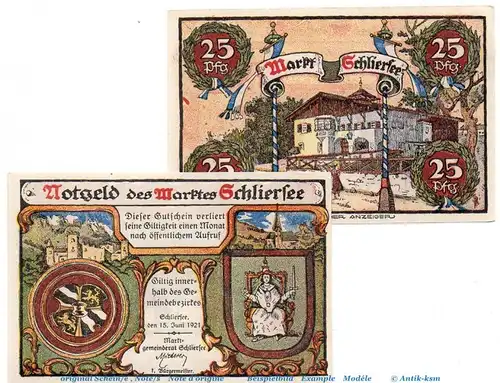 Notgeld Marktgemeinde Schliersee 1182.1  Set mit 2 Scheinen in kfr. von 1921 , Bayern Seriennotgeld