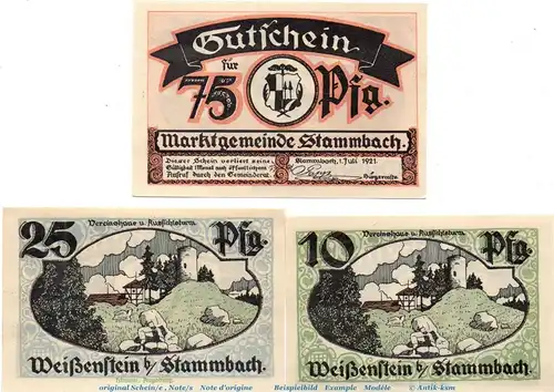 Notgeld Markstgemeinde Stammbach 1252.1 , Set mit 3 Scheinen in kfr. von 1921 , Bayern Seriennotgeld