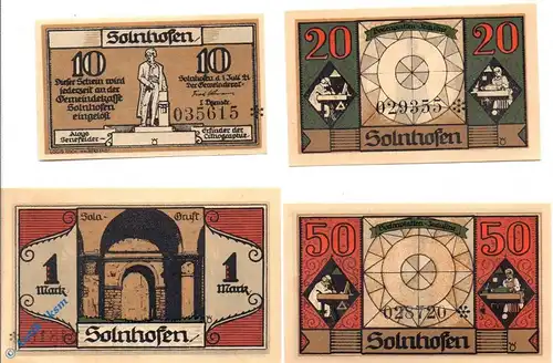 Notgeld Solnhofen , Set mit 4 Scheinen kfr. Mehl Grabowski 1236.1 , von 1921 , Bayern Seriennotgeld