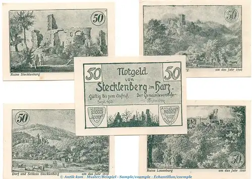 Notgeld Gemeinde Stecklenberg 1258.2 , Set mit 5 Scheinen in kfr. von 1921 , Sachsen Anhalt Seriennotgeld