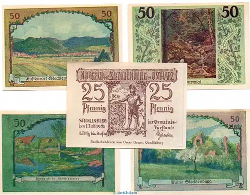 Notgeld Gemeinde Stecklenberg 1258.1 , Set mit 5 Scheinen in kfr. von 1921 , Sachsen Anhalt Seriennotgeld