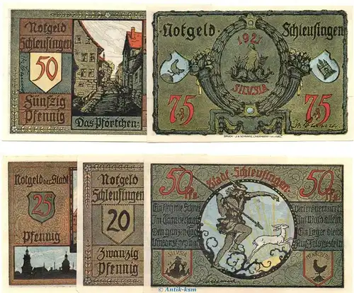 Notgeld Stadt Schleusingen 1181.1-2 , 2 Sets mit 5 Scheinen in kfr. o.D. Thüringen Seriennotgeld