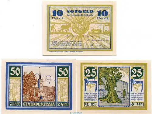 Notgeld Gemeinde Schaala 1170.1 , Set mit 3 Scheinen in kfr. von 1921 , Thüringen Seriennotgeld