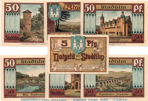 Notgeld Stadt Stadtilm , 1250.1 Set mit 7 Scheinen in kfr. von 1921 , Thüringen Seriennotgeld