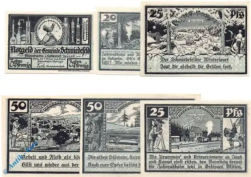 Notgeld Schmiedefeld , Set mit 6 Scheinen kfr , graublau , Mehl Grabowski 1187.1 , von 1921 , Thüringen Seriennotgeld