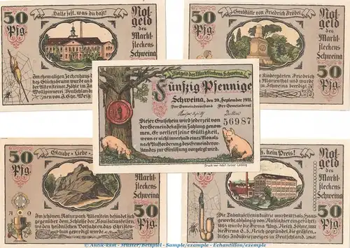 Notgeld Marktflecken Schweina 1211.1 , Set mit 5 Scheinen in kfr. von 1921 , Thüringen Seriennotgeld
