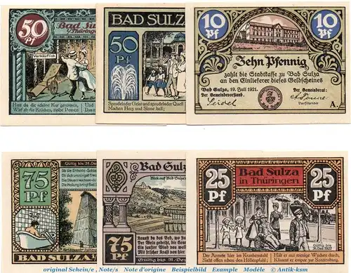 Notgeld Stadt Bad Sulza 1304.1 , Set mit 6 Scheinen in kfr. von 1921 , Thüringen  Seriennotgeld