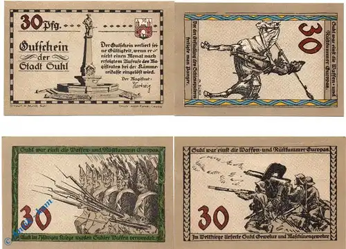 Notgeld Suhl , Rüstkammer , Set mit 4 Scheinen kfr , Mehl Grabowski 1303.2 , Thüringen Seriennotgeld