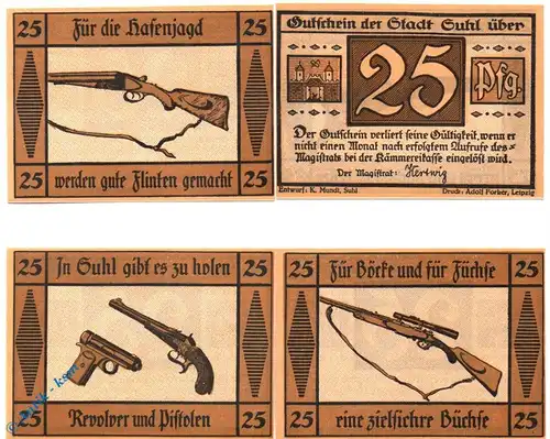 Notgeld Suhl , Pistolen und Gewehre , Set mit 4 Scheinen kfr , Mehl Grabowski 1303.1 , Thüringen Seriennotgeld